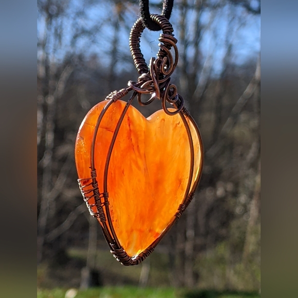 Hand Crafted Carnelian Heart Pendant Statement Necklace Copper Wire Wrap - Picture 11 of 14